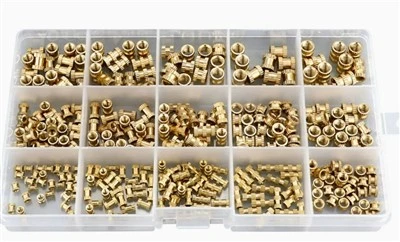 Caja surtida de 330 piezas: Tuercas de inserción de latón moleteadas para moldeo por inyección (M2–M5)